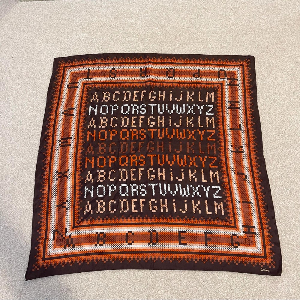 Echo Silk Blend Square Scarf Alphabet Sax Fifth Avenue Brown Rust Orange-26x26”